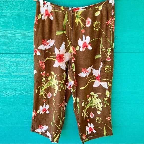 LINEN CARGO STYLE FLORAL CROPPED PANTS CHOCOLATE BROWN SIZE MEDIUM - Picture 1 of 7